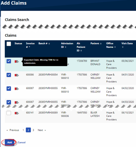 The Add Claims page displays  selected checkboxes of resulting claims; users can click the Add button to add claims to the batch.